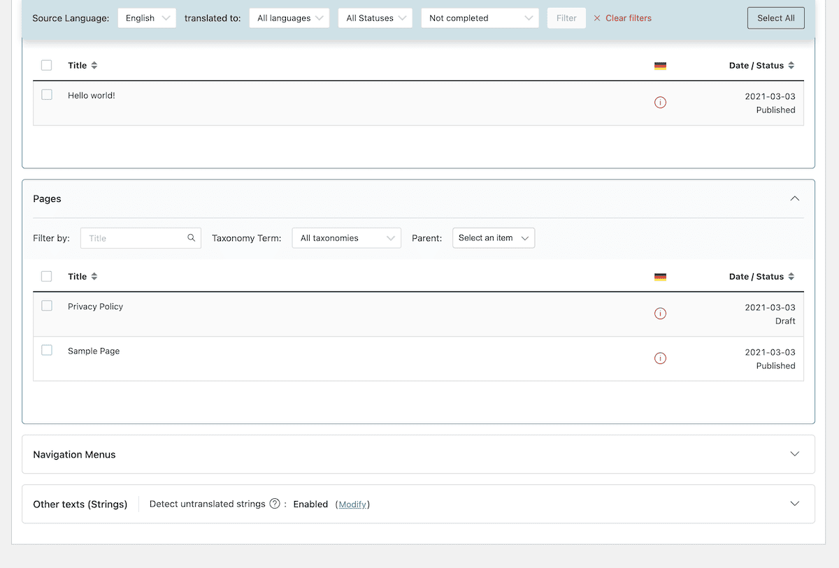 The WPML Translation Dashboard showing organized content sections.