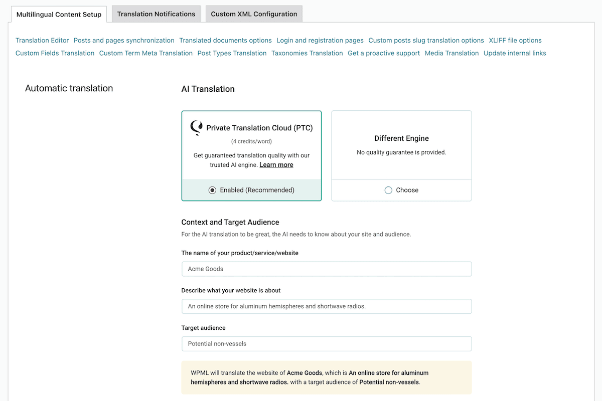 The WPML Settings screen showing the Translation Engine section with PTC selected.