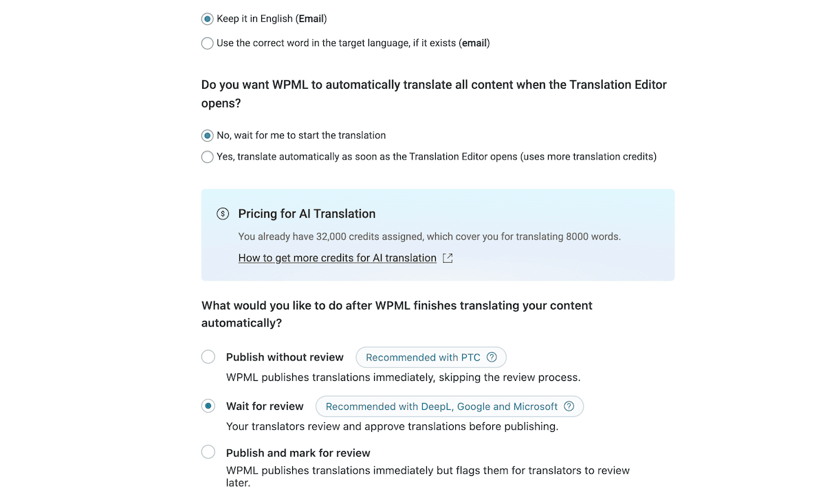 The WPML translation options screen showing radio buttons and various choices.