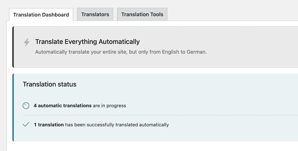 The WPML Translation Status panel.