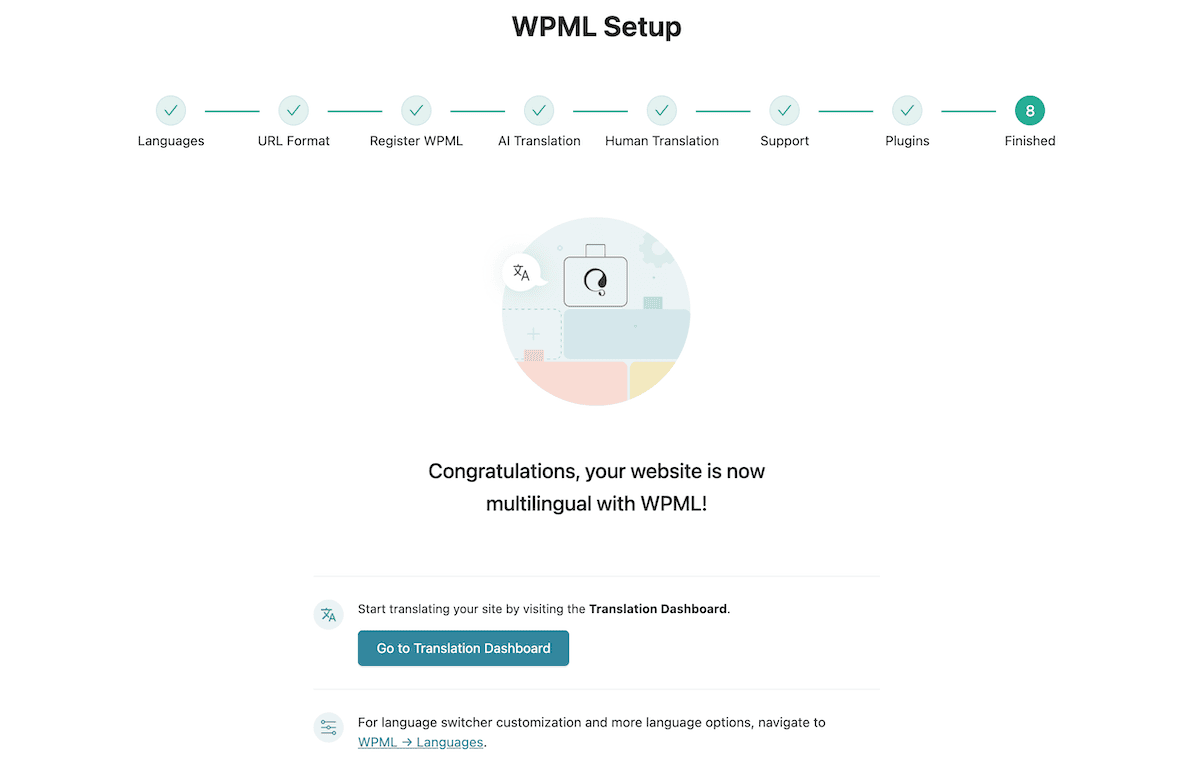 The final screen of the WPML setup wizard.
