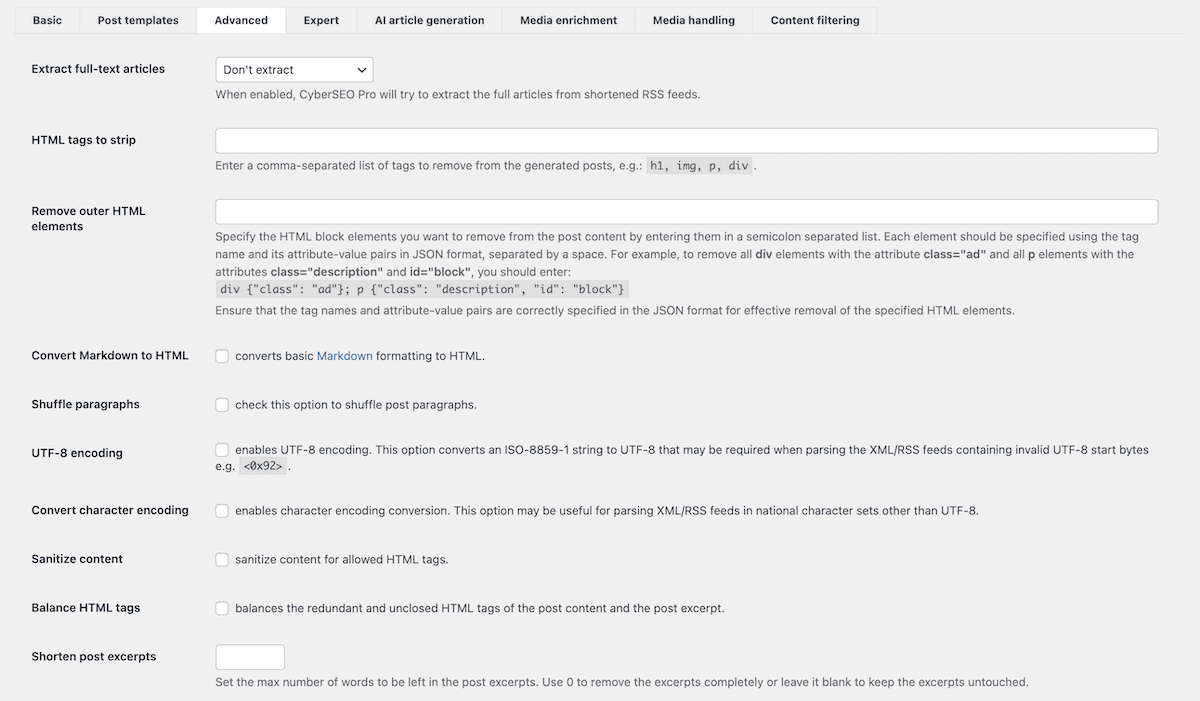 The CyberSEO Advanced tab.