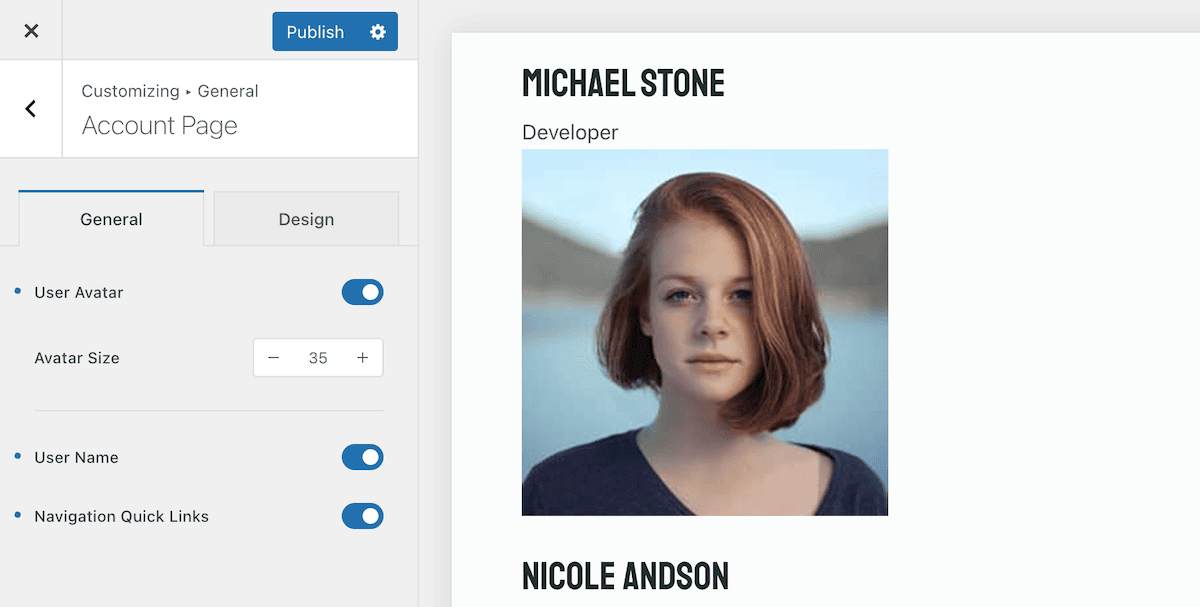 The options available on the Blocksy account page.