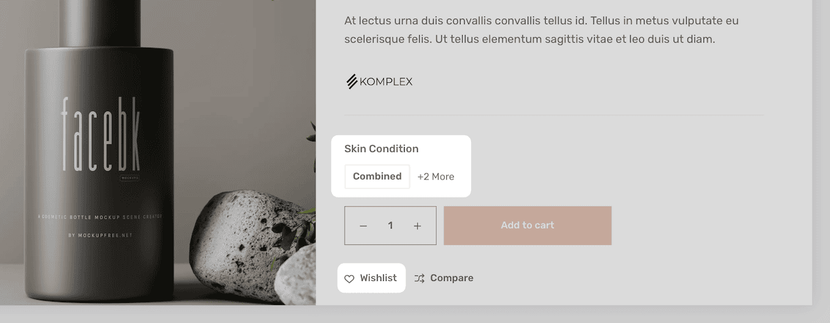 Variation swatches and wishlisting on the front end of a Blocksy website.