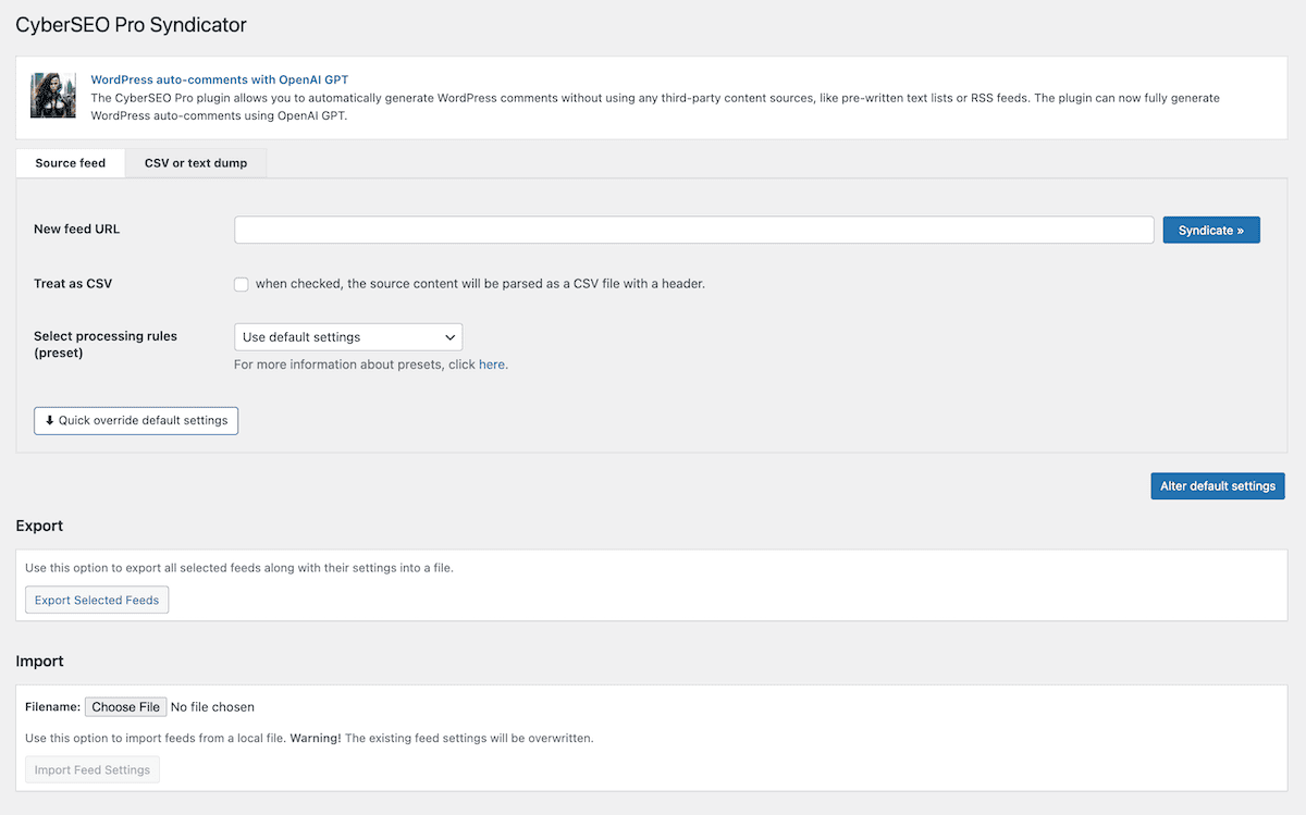 The main CyberSEO PRO screen.