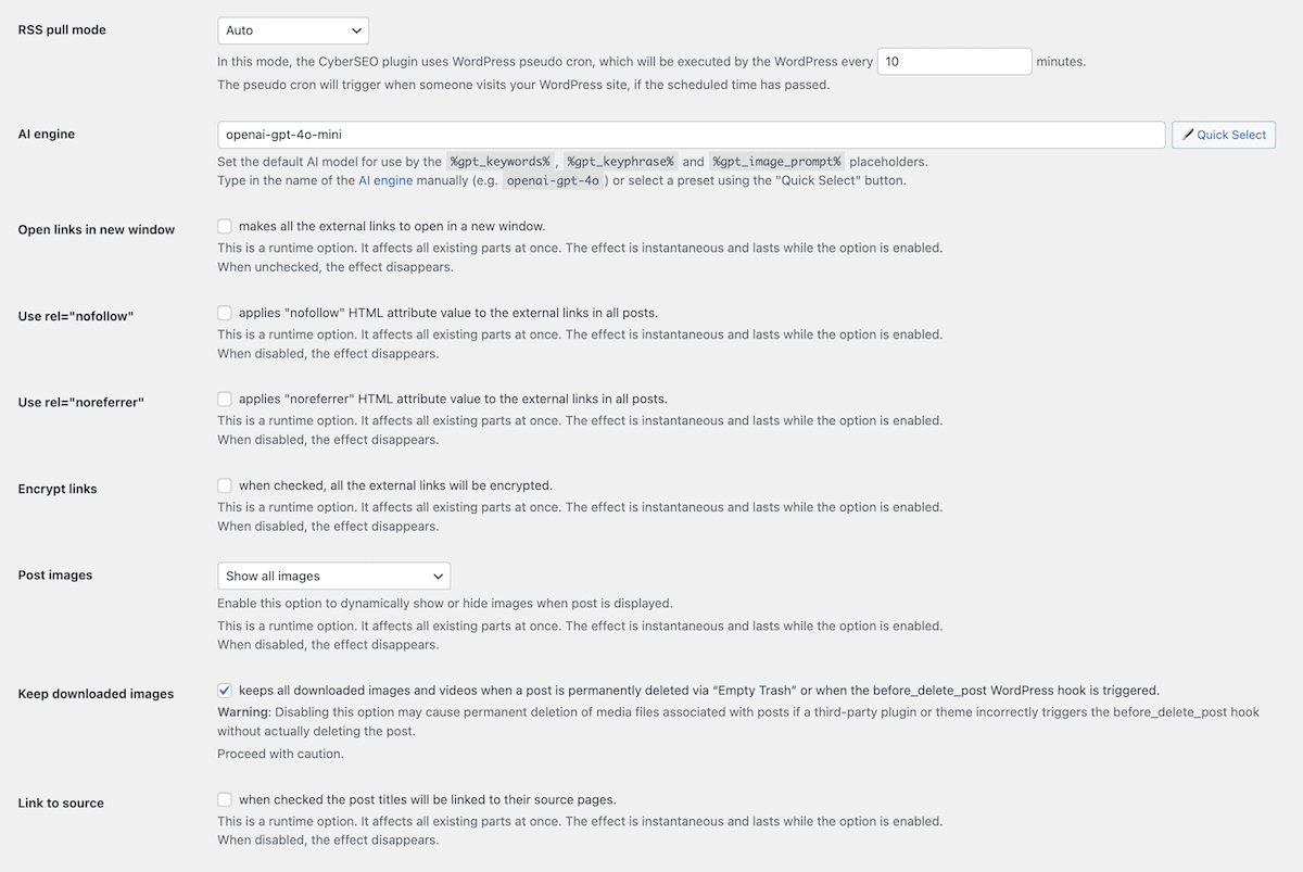 The CyberSEO PRO Settings screen.