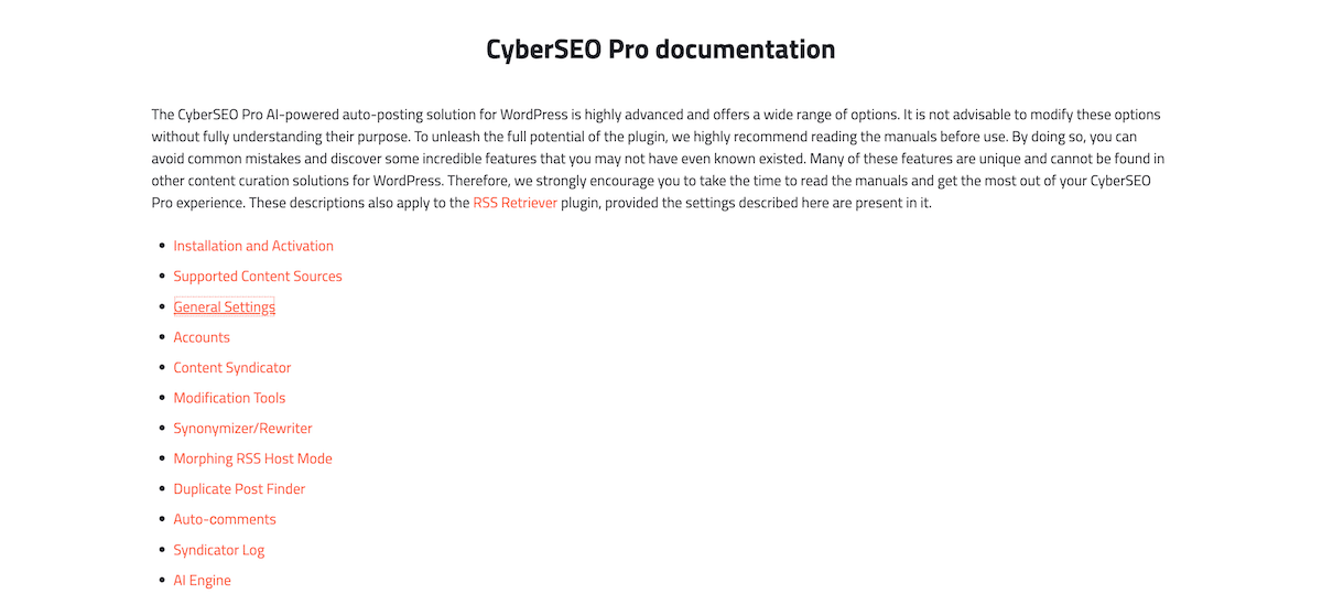 The CyberSEO documentation index page.