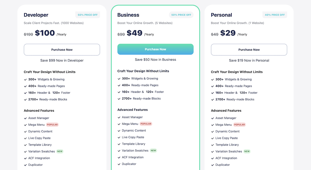 The Element Pack PRO pricing page showing bundle tiers and included products.