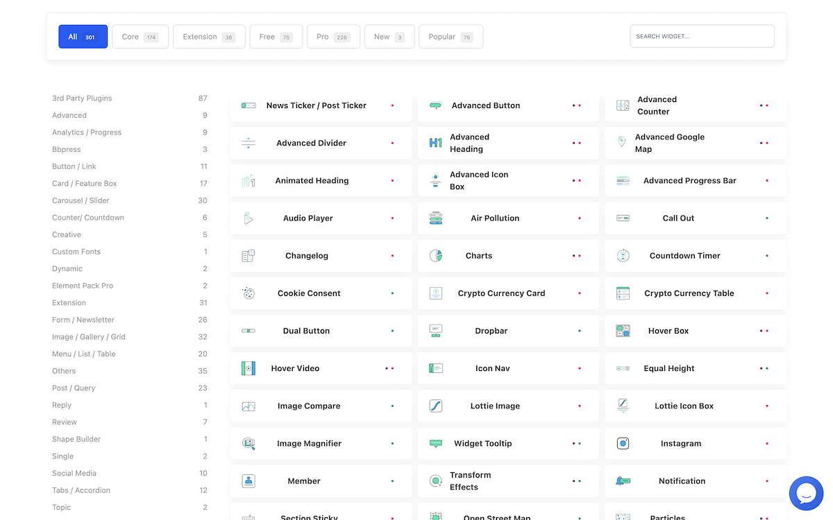 Element Pack PRO widget library showing the available design elements.