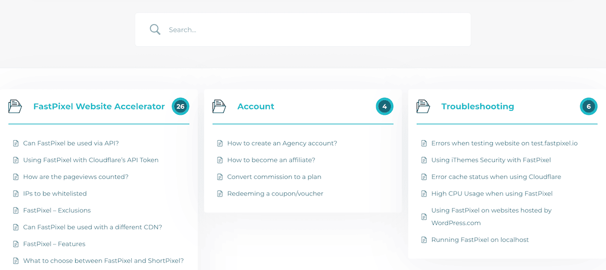 The FastPixel documentation homepage showing the knowledge base structure.