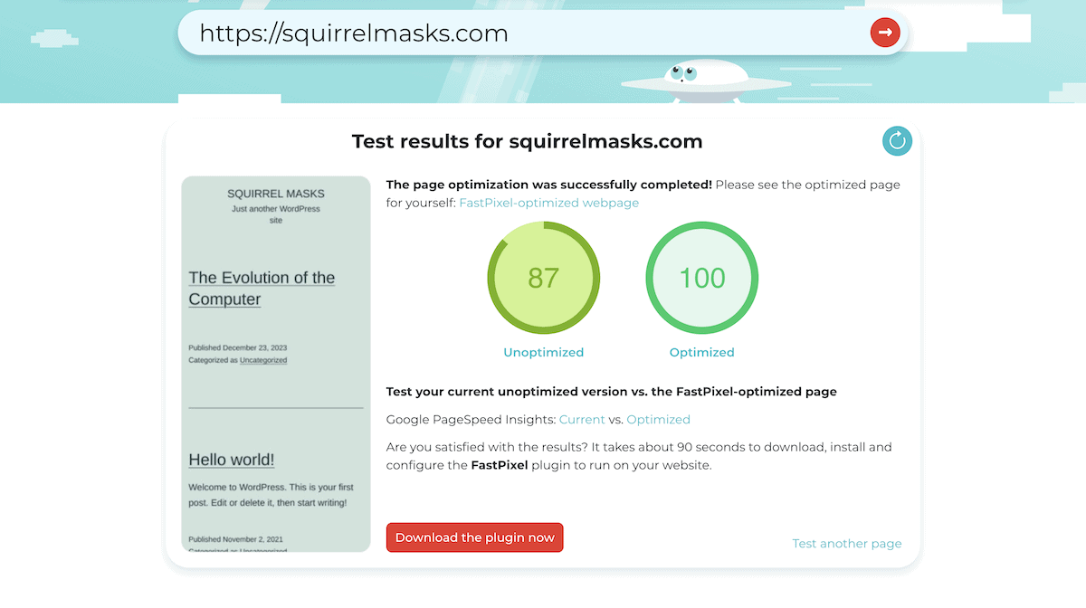 A FastPixel performance test's results.