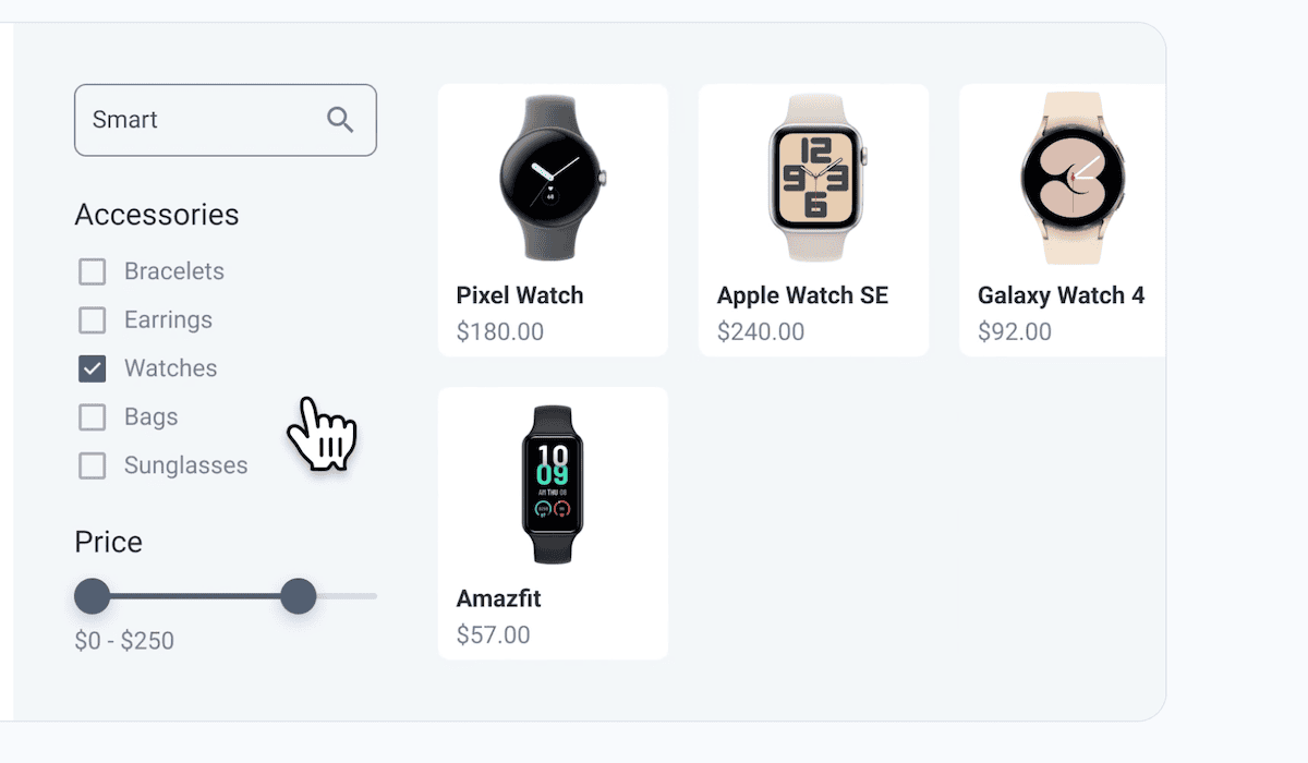 JetSmartFilters showing filtered search results on a demo site.