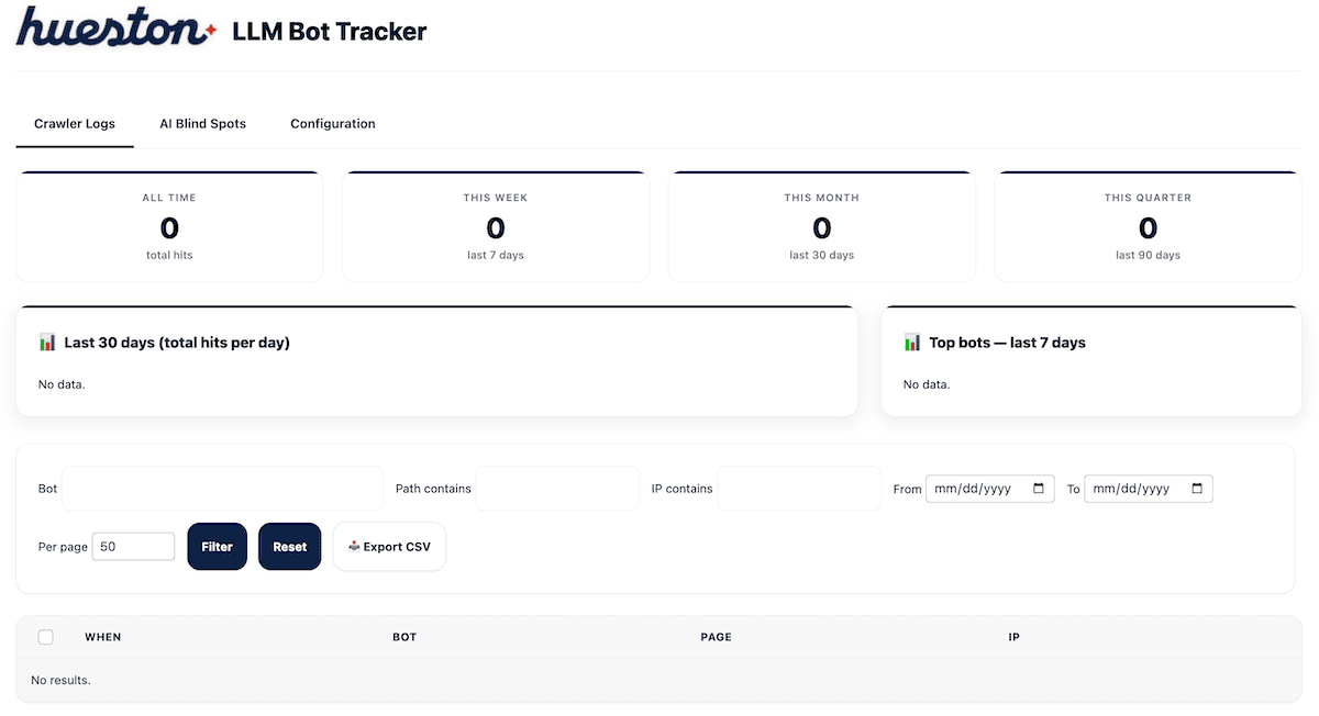 The detailed crawler log within LLM Bot Tracker view showing bot access patterns.