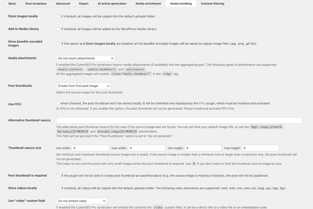 The Media Handling tab within the CyberSEO Syndicator.
