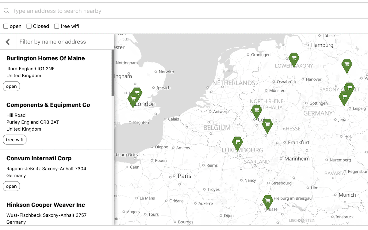A Progus Store Locator map on a website's front end.