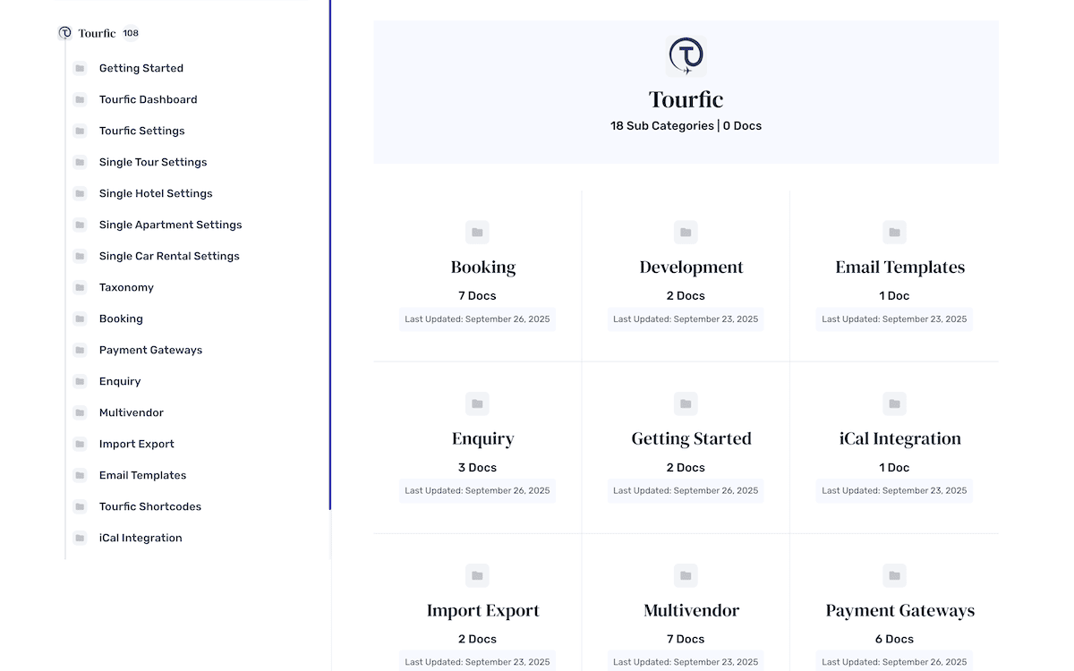 Tourfic documentation site showing marketplace and vendor management sections.