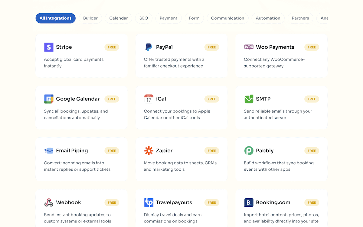 A list of integrations within Tourfic.