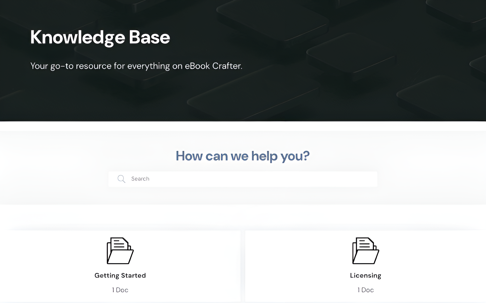 The eBook Crafter documentation showing the knowledge base structure.