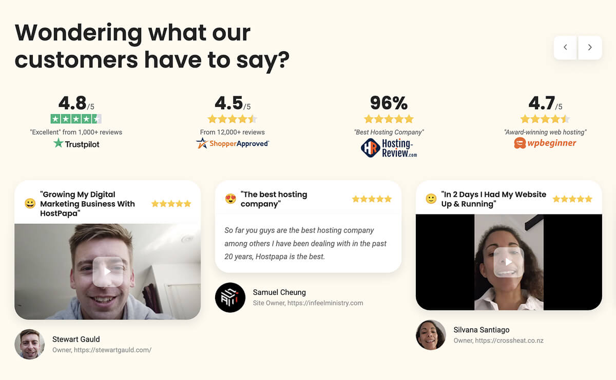 HostPapa's testimonials.