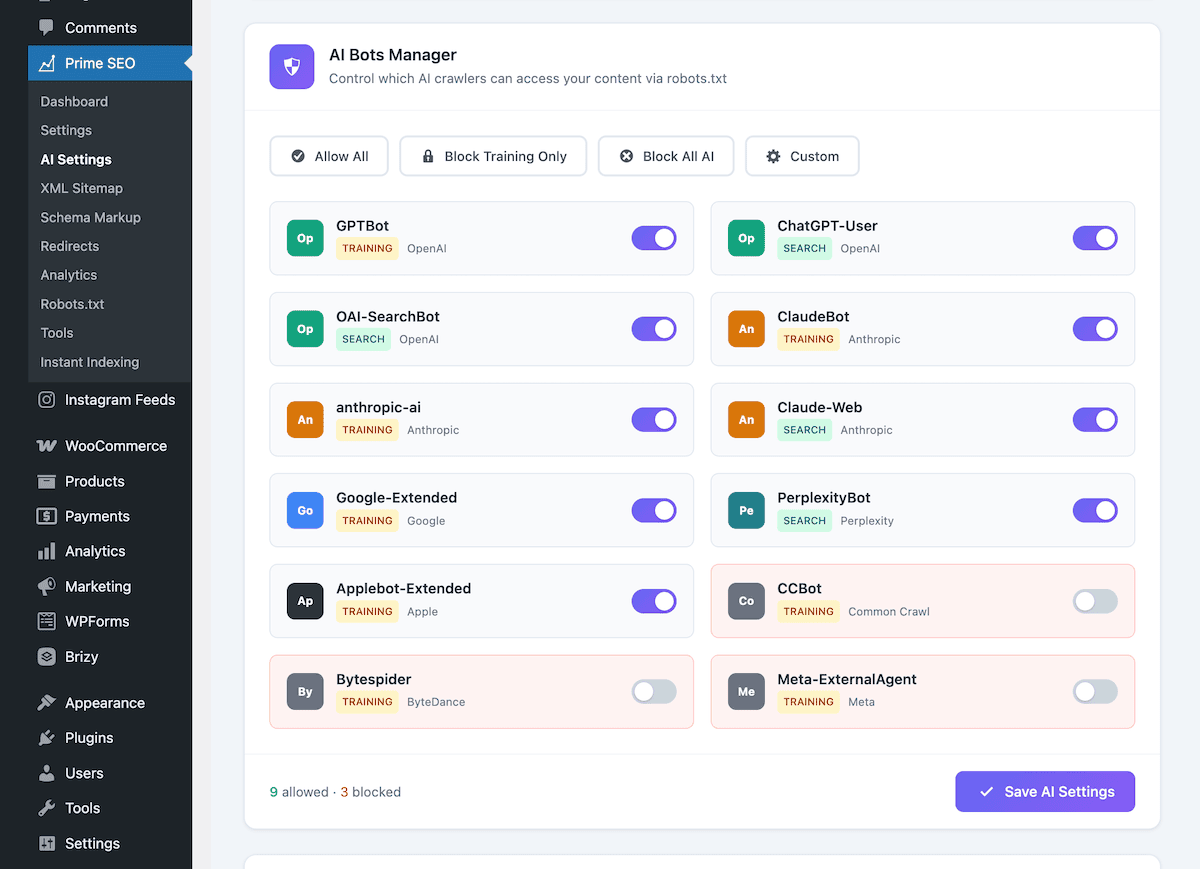 The AI Bots Manager interface showing toggle controls and quick preset buttons for managing AI crawler access.