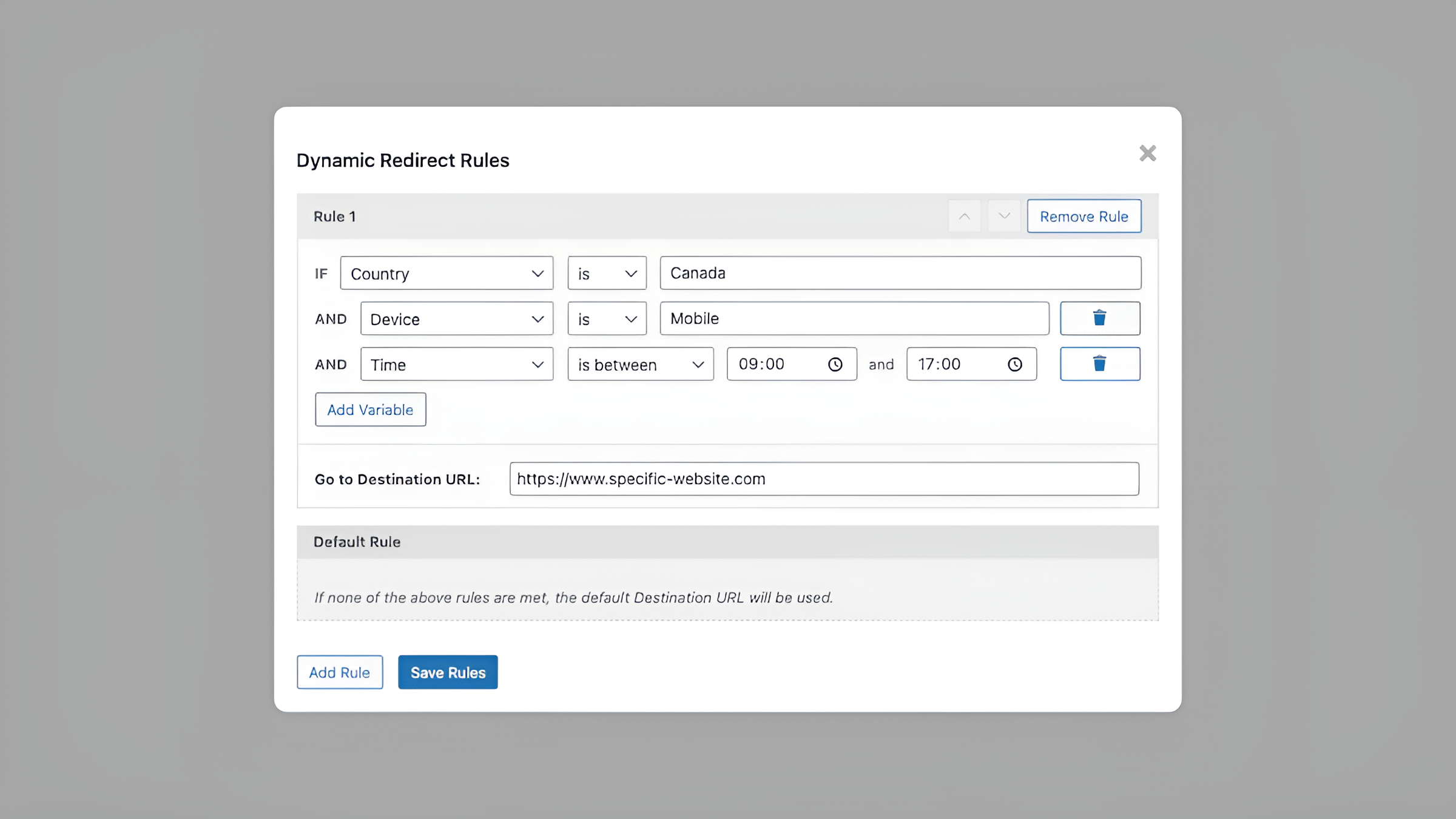 The Dynamic Redirect Rules configuration screen showing conditional logic setup for country, device, and time-based redirects.