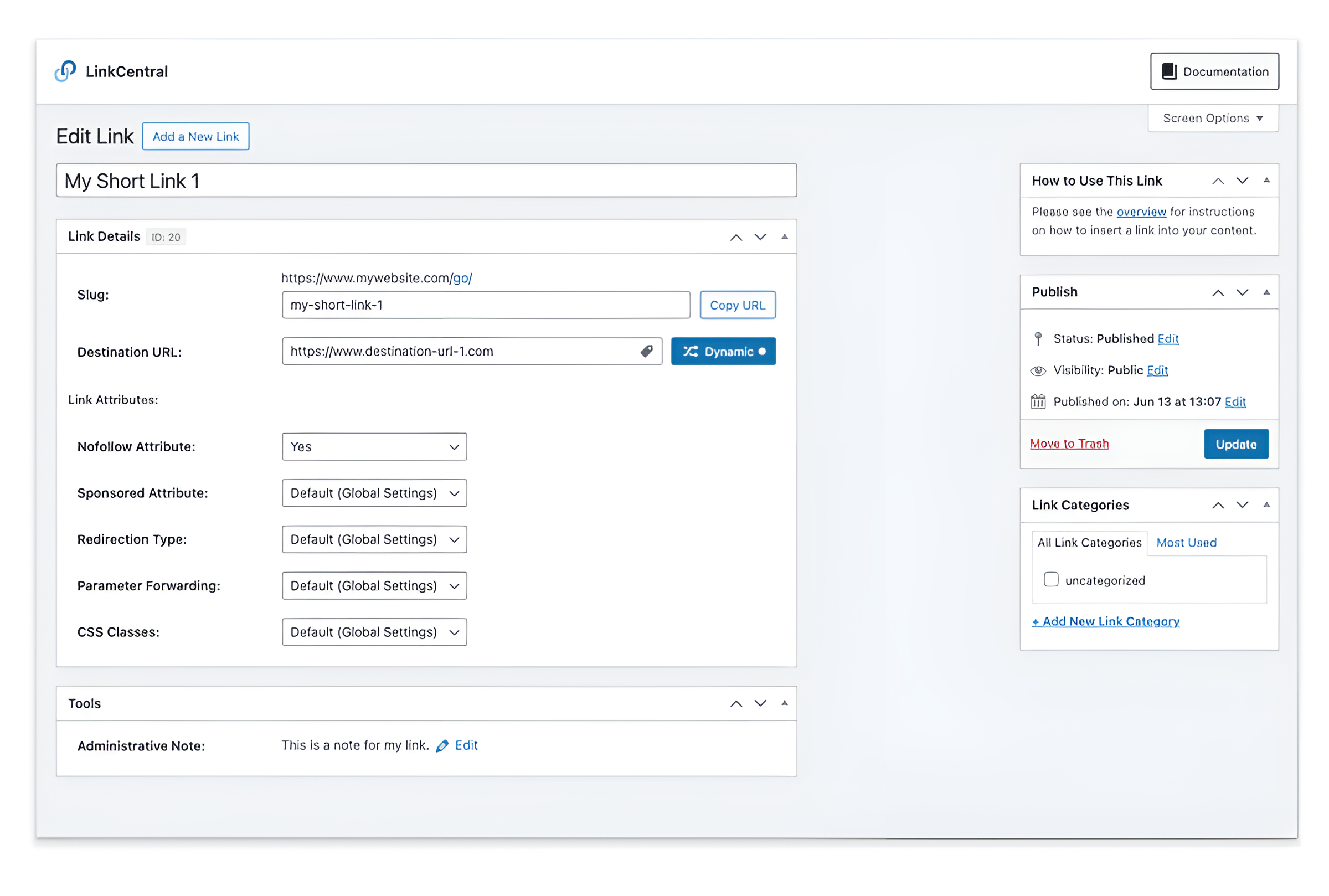 The LinkCentral Edit Link interface displaying link details including slug customization, destination URL, link attributes, and publishing options.