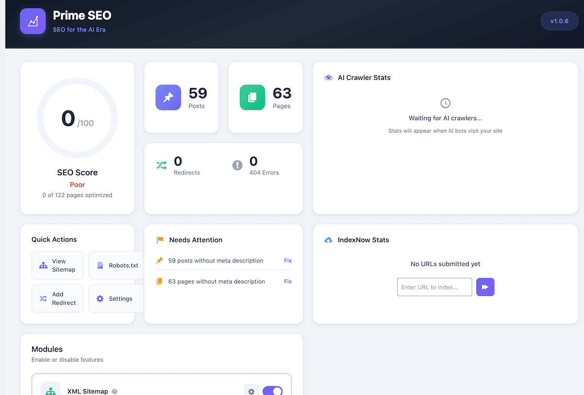 The Prime SEO dashboard screen within WordPress.