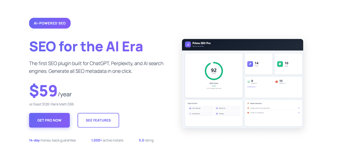 The Pricing page for the Prime SEO plugin.