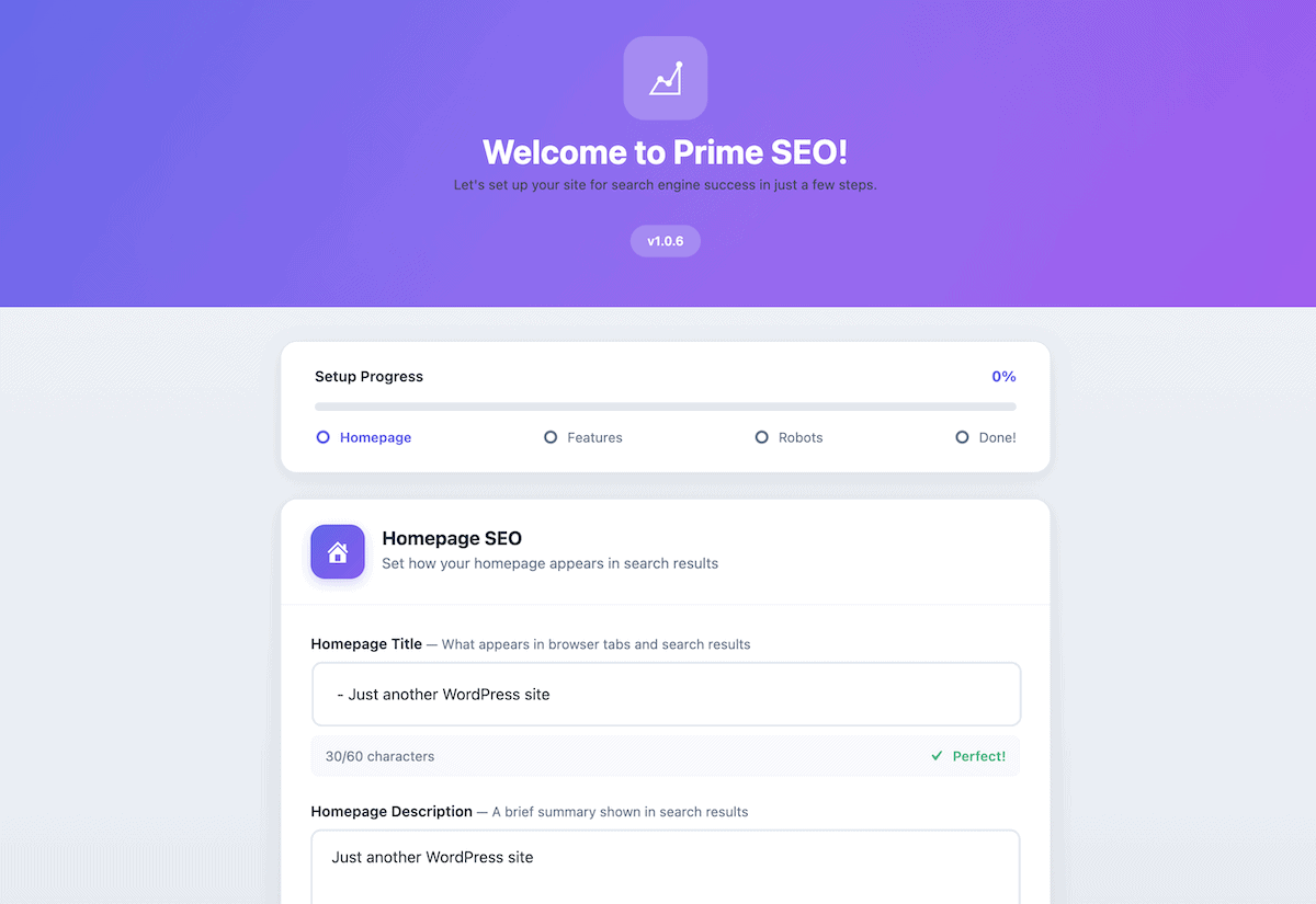 The Prime SEO setup wizard interface showing the four-step configuration process.