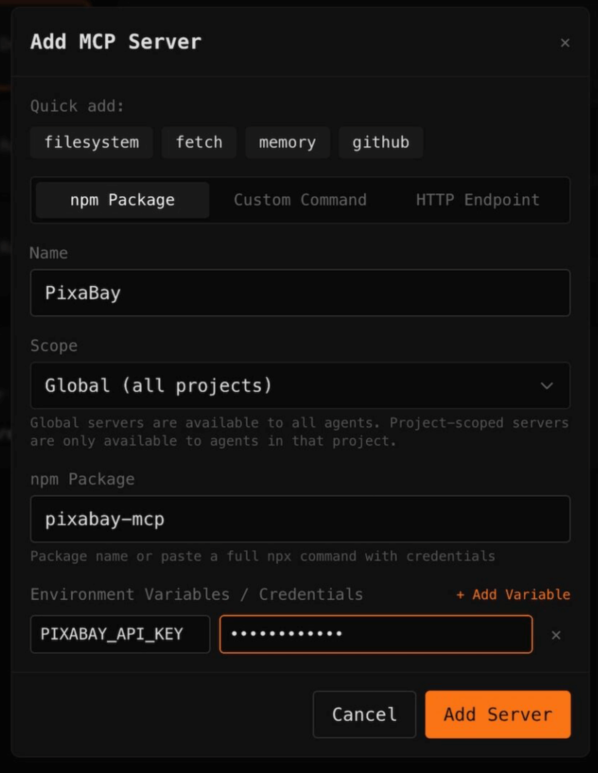 Add Pixabay MCP server in Apteva