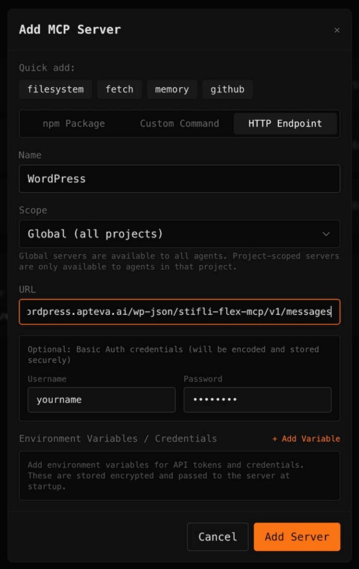 Add WordPress MCP server in Apteva
