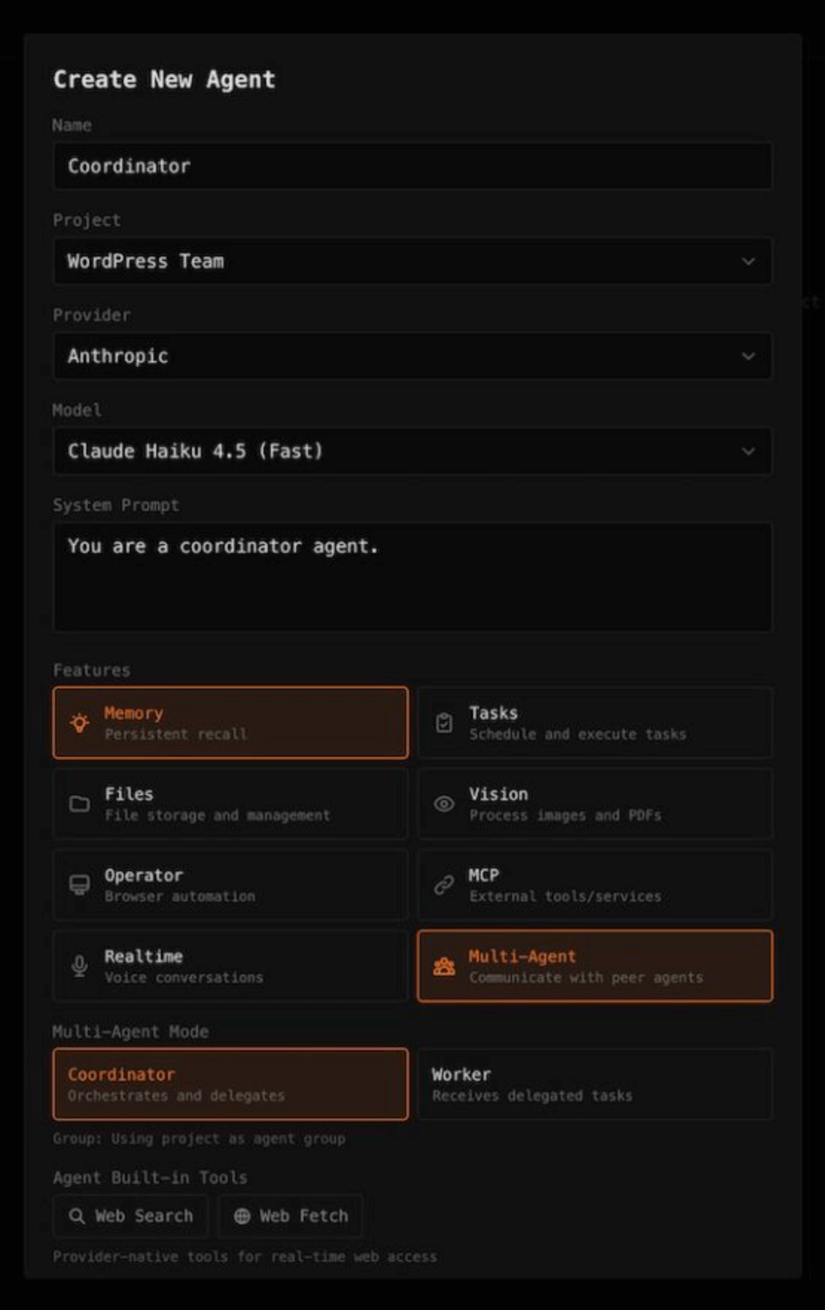 Creating the coordinator agent in Apteva