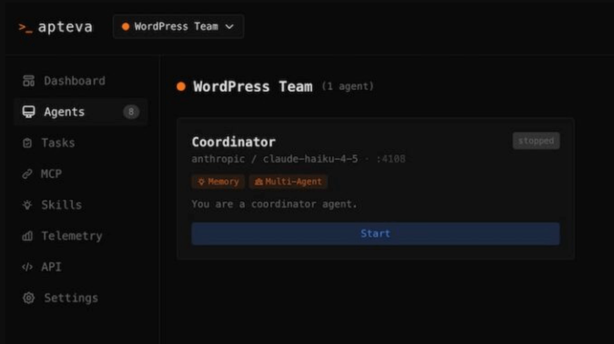 The WordPress team of agents in Apteva