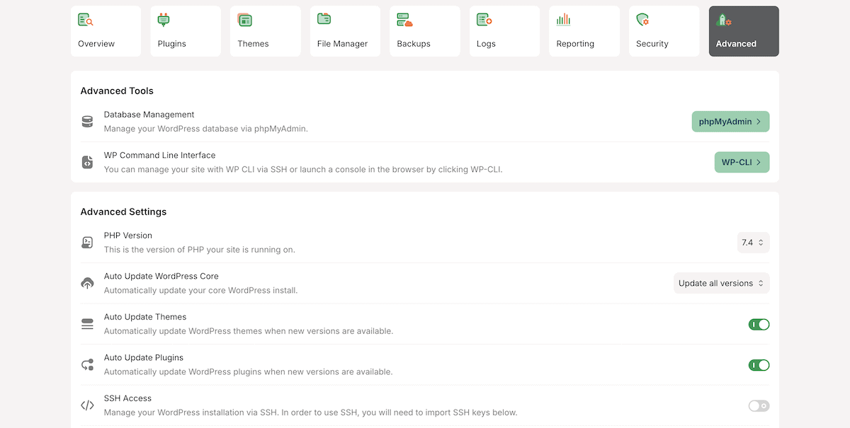 The Advanced Settings within HostPapa's dashboard.