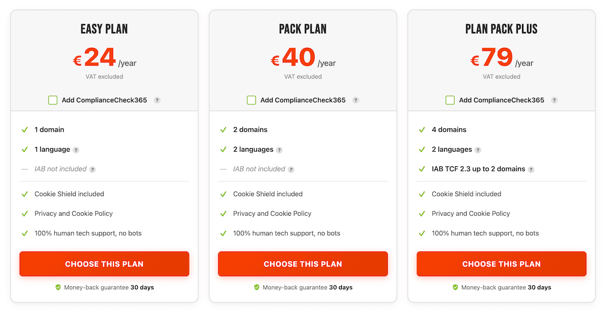 The My Agile Privacy pricing page showing the three available plans.