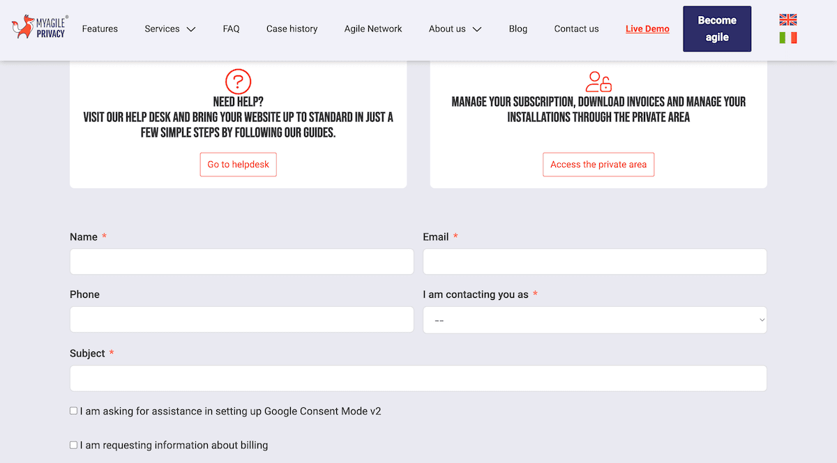 The My Agile Privacy support and contact page.
