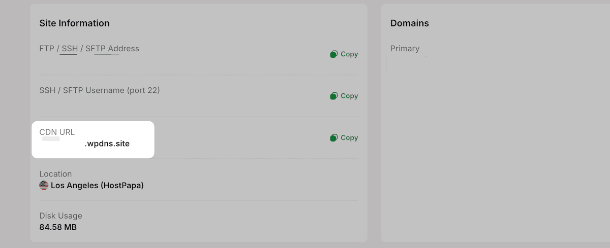 The HostPapa dashboard showing the CDN URL visible.