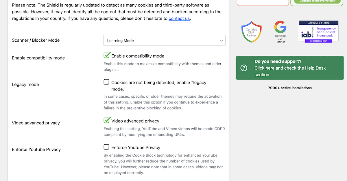 The Cookie Shield configuration screen within the My Agile Privacy WordPress dashboard.