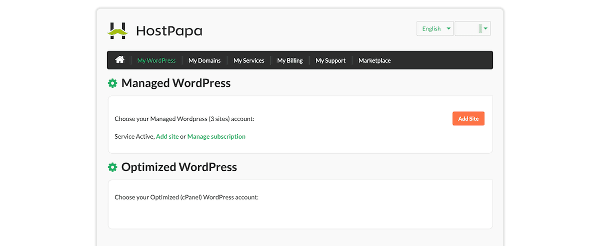 The initial HostPapa dashboard.