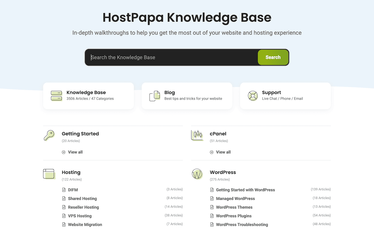 The HostPapa Knowledge Base page.
