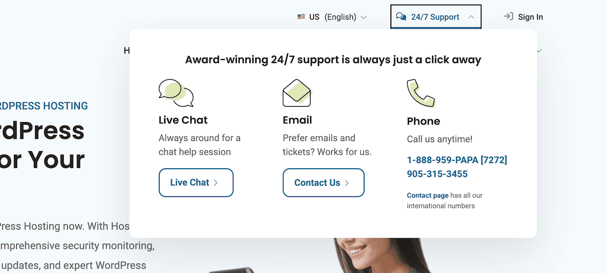 The HostPapa support modal box showing live chat, email, and phone options.