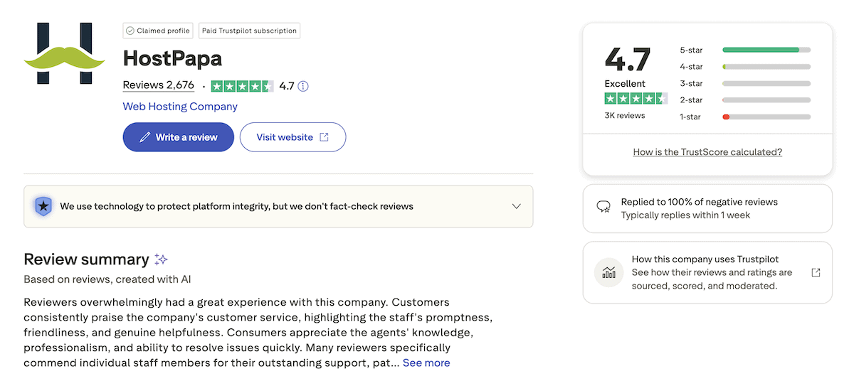 The HostPapa Trustpilot page showing overall ratings and recent reviews.