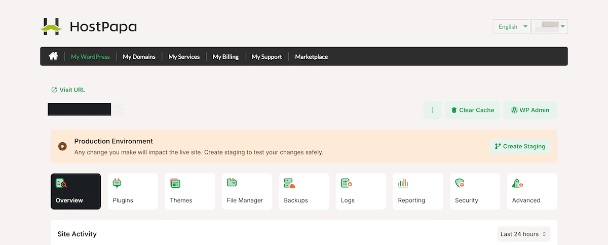 A site dashboard within HostPapa.