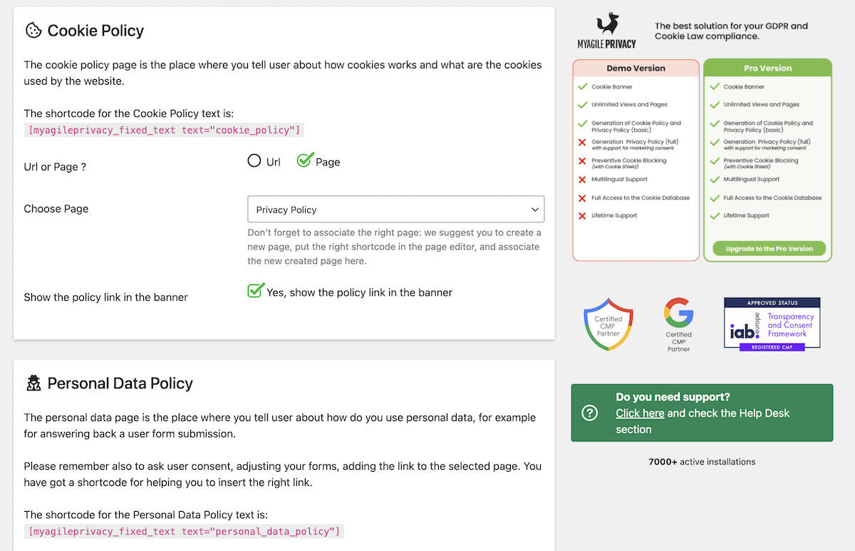 The Policy Settings screen within My Agile Privacy.