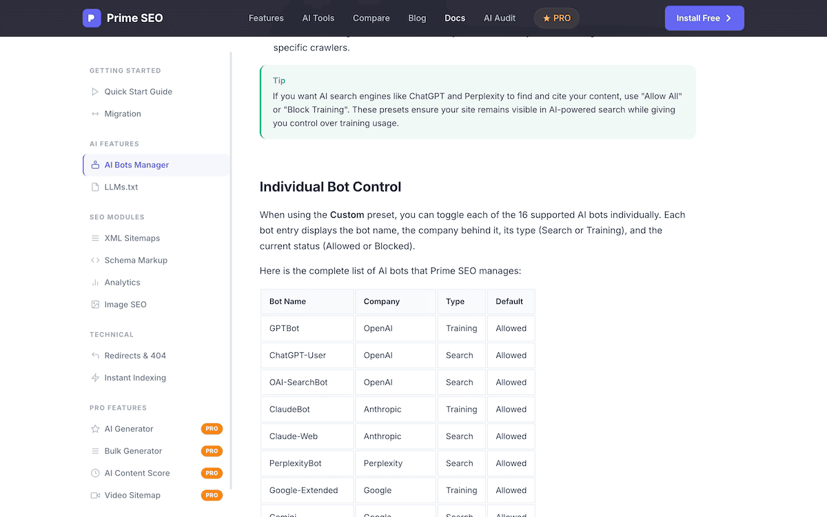 The Prime SEO documentation page.