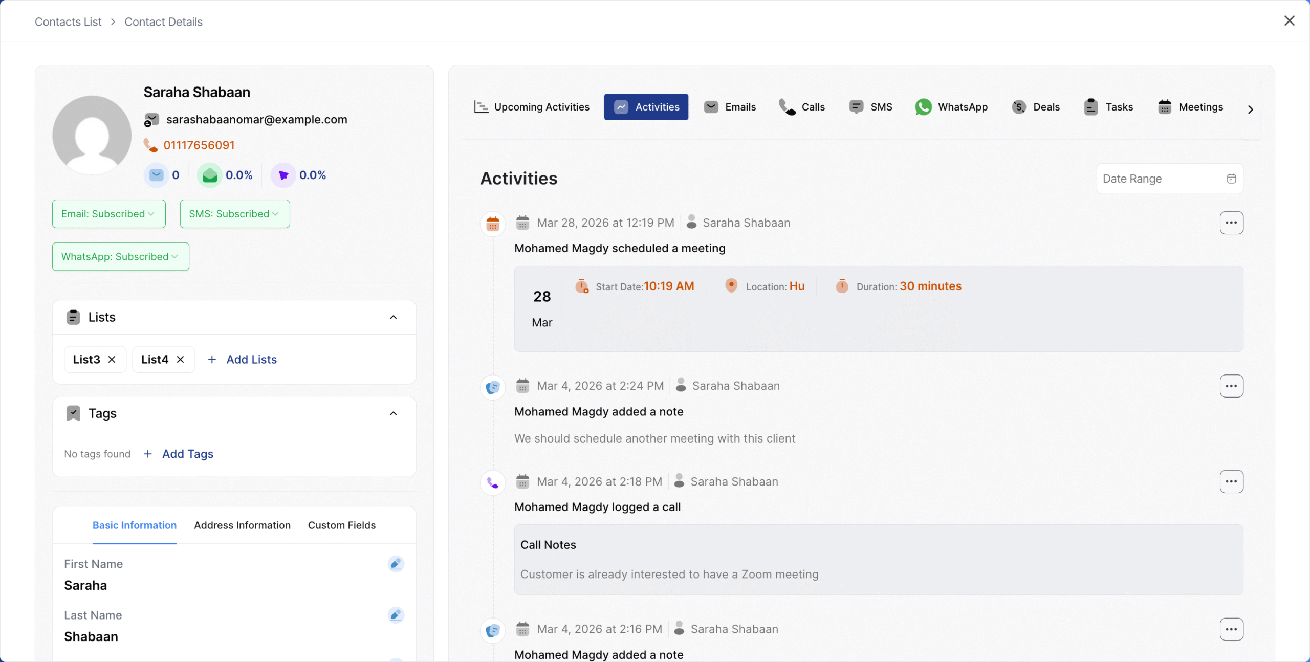 QuillCRM's contact details page.