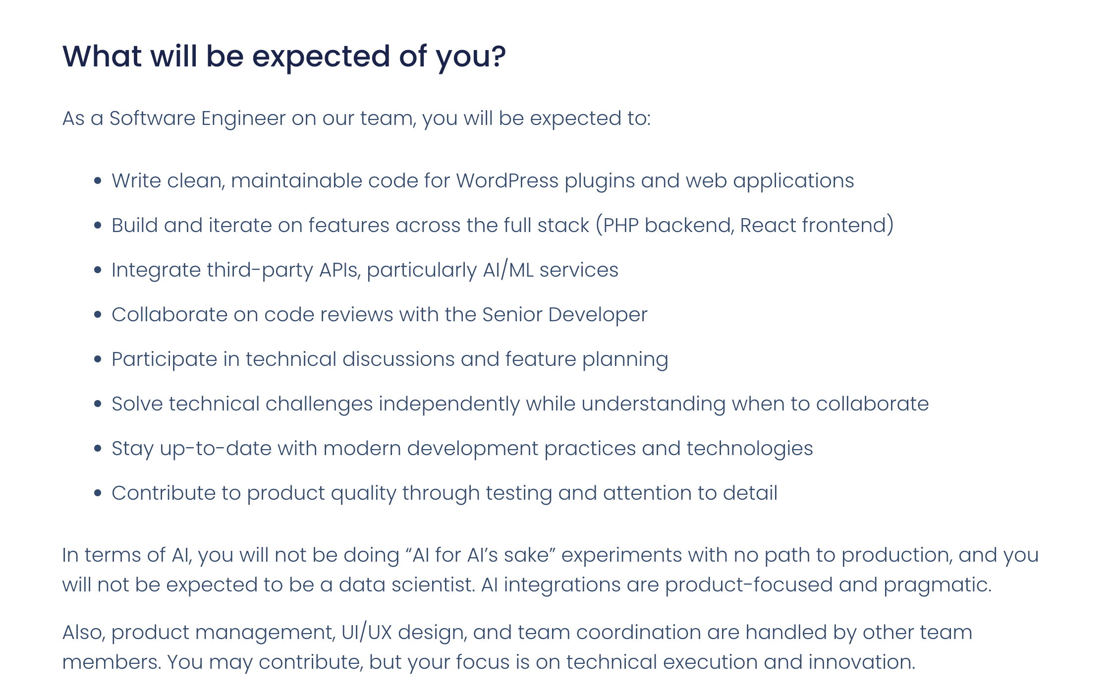 A snippet from our own recent job posting for a Software Engineer, where we explain how and why we require candidates to have some form of AI capabilities.