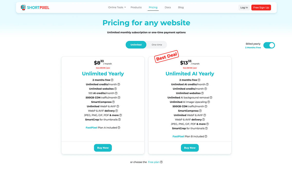 ShortPixel's pricing options, with both unlimited and one-time plans.