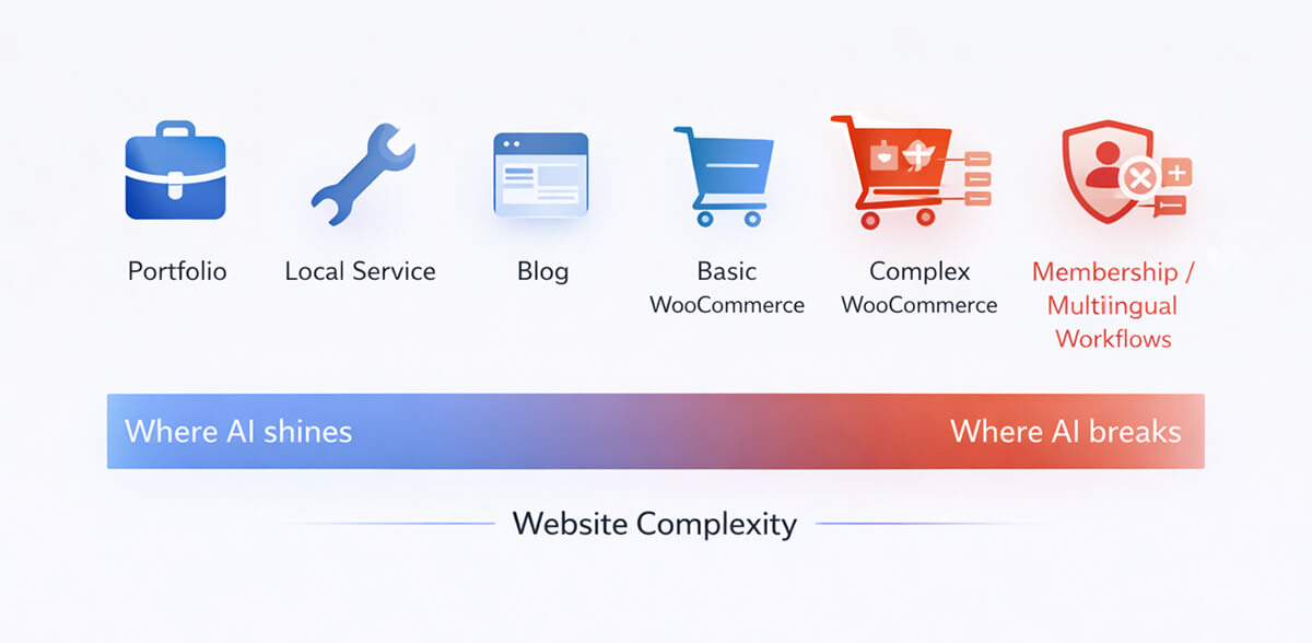 AI website builders can do the basics, but they struggle as complexity increases.