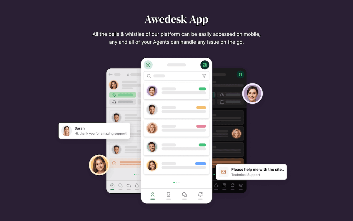 A mockup of the Awedesk app that shows off the various functionality of the tool.